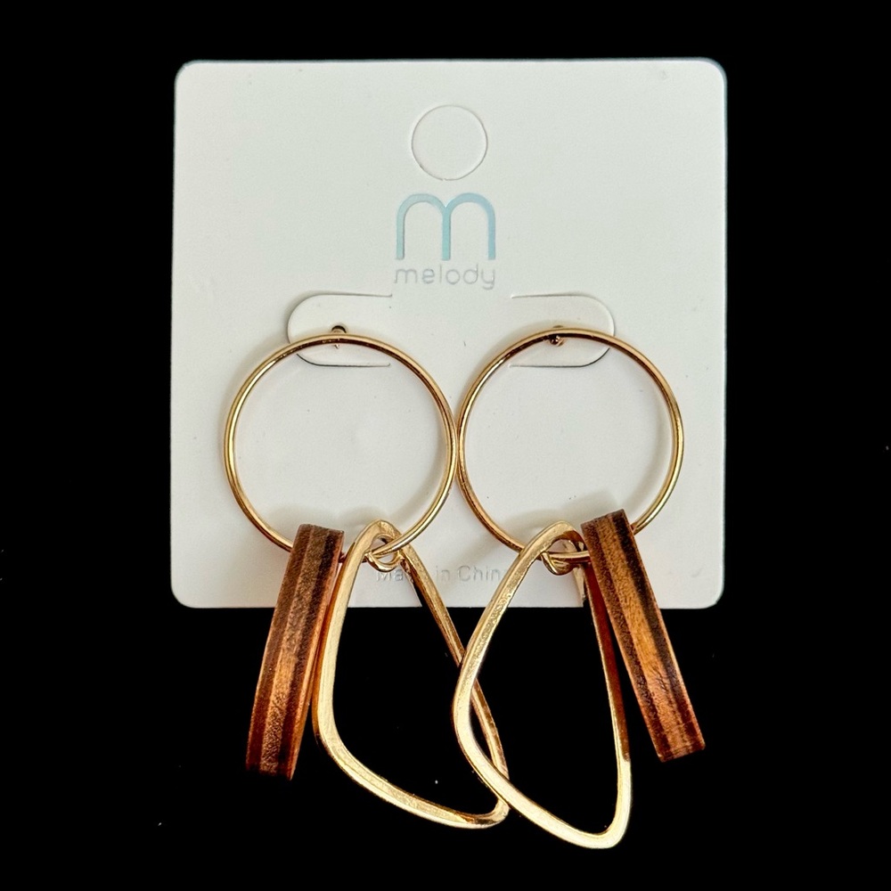 Gold Tone Geometric Dangle Earrings w/ Yellow Wood Accents